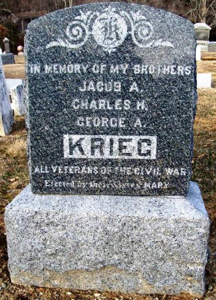 This is a marker commemorating the Civil War service of Jacob Krieg's 3 sons, erected by their sister.